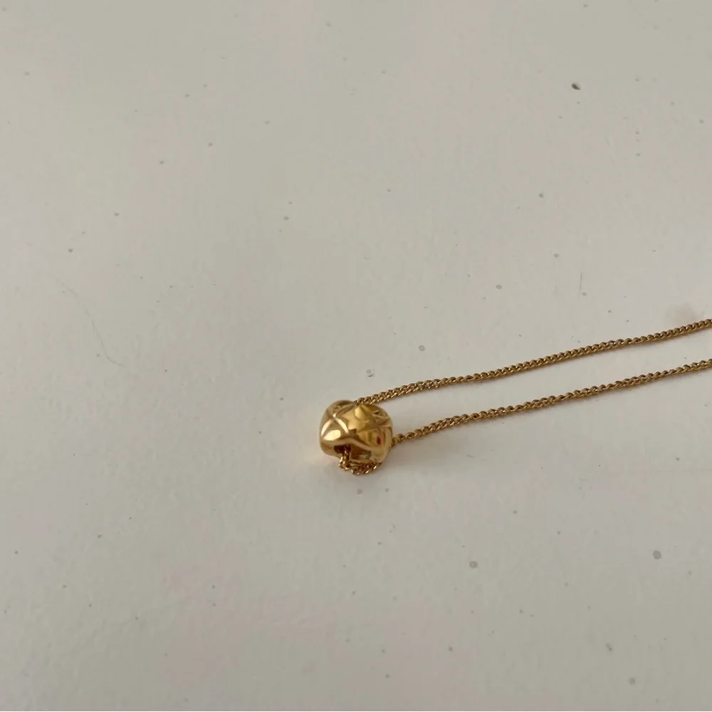 Gold Necklace with Textured Quilted Barrel Pendant - Picture 3 of 8